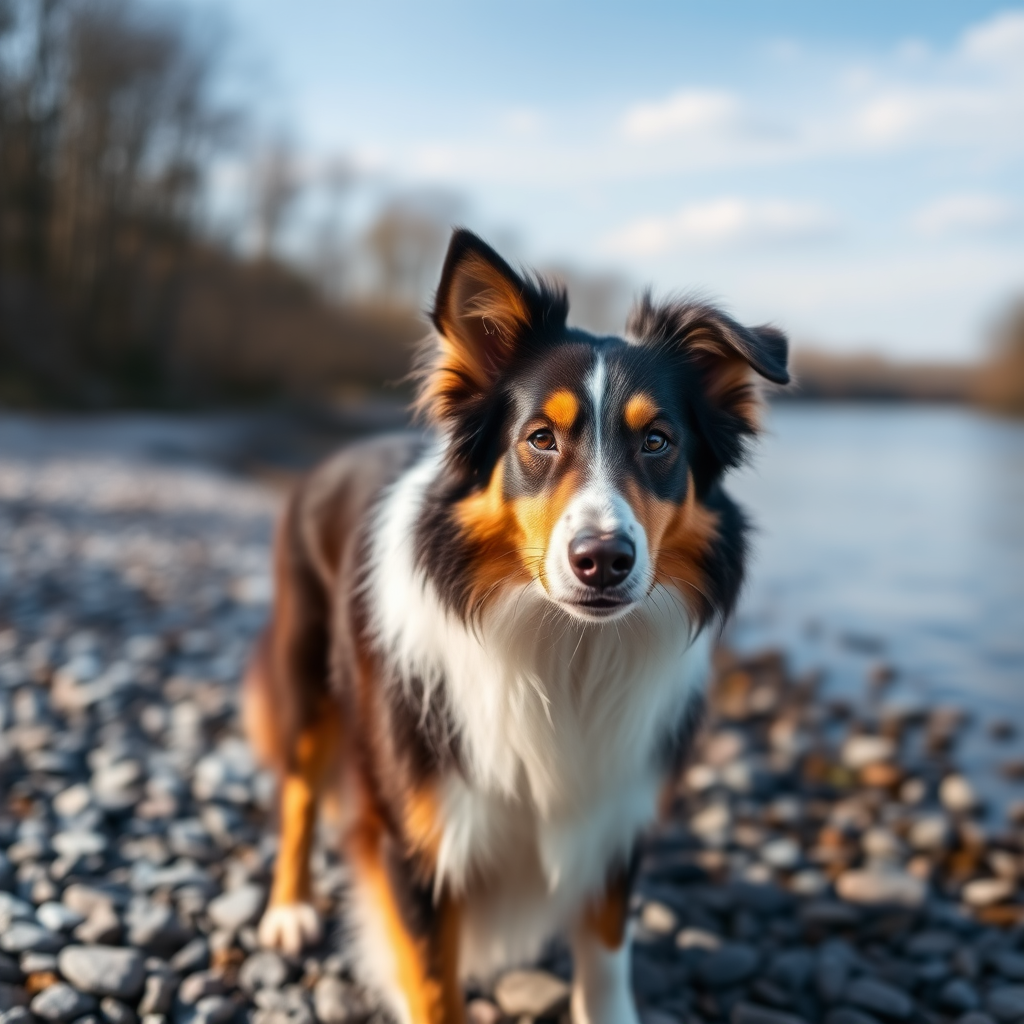 collie dog standing on a pebbled riverbank, natural lighting, f/2.8, 1/200 sec, ISO 100, 50mm lens, shallow depth of field, focus on the dog's face, DSLR camera
