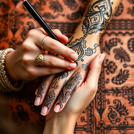 Close-up of a woman’s hands delicately applying henna to a friend’s hand, surrounded by intricate patterns and warm colors, showcasing the beauty of the art.