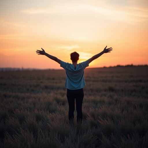 Create a minimalist graphic of a person standing with arms outstretched in a vast open field during sunset, with a Canon EOS R5, 50mm lens, f/1.8 aperture, ISO 100, capturing vibrant colors and soft lighting, with a shallow depth of field for a dreamy effect.