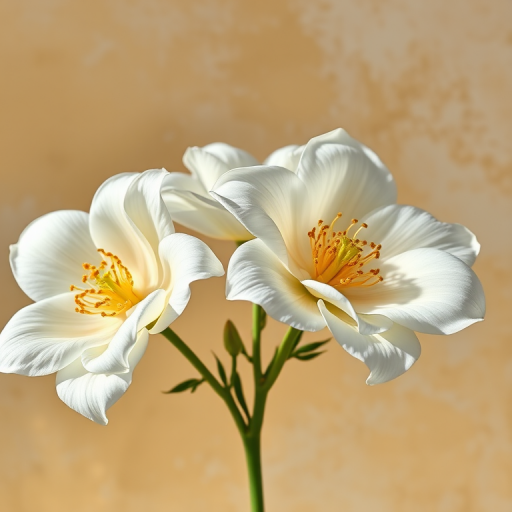 Create a detailed still life painting of three large white flowers with golden accents against a textured gold and cream background, captured with a Canon EOS R5, 50mm f/1.2 lens, in natural light, using a macro photography style to emphasize the floral details.