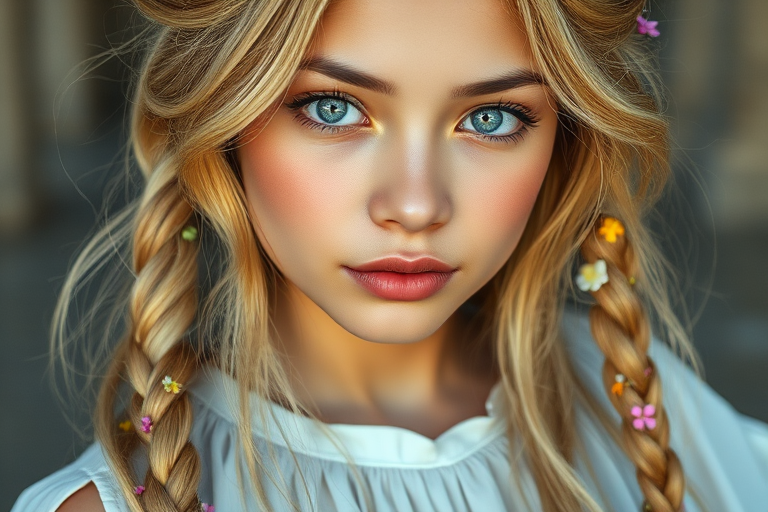 Create an image of a young Filipino woman with long, wavy blonde hair, adorned with small, colorful flowers woven into her braids and loose strands. Her complexion is fair, with soft, glowing skin, and she has light blue eyes that gaze softly at the viewer. She wears a light, flowing dress with a gentle, ethereal quality, complementing her delicate and serene appearance. The background is slightly blurred, drawing focus to her tranquil expression and the intricate details of the flowers in her hair. The overall mood of the image is one of natural beauty and grace, evoking a sense of peacefulness and connection with nature.