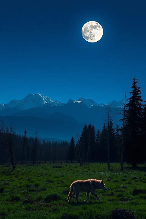 Create a digital landscape of a serene night scene featuring a full moon illuminated in a clear blue sky, majestic snow-capped mountains in the background, a lush green foreground with sparse, leafless trees, and a solitary wolf silhouette walking, using a wide-angle lens at f/8 aperture, ISO 400, with a tripod for stability to enhance clarity and detail.