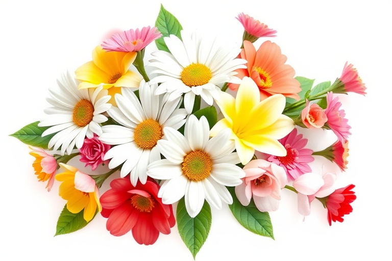 a bouquet of colorful, stylized flowers including white daisies, yellow blossoms, pink and red blooms, with green leaves on a plain white background