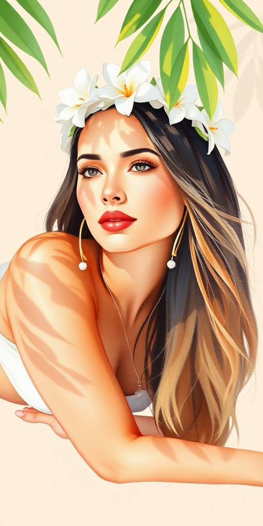 create a watercolor painting of an ethereal portrait of beautiful Hawaiian woman with a simple white flower crown on her head. Her hair is long and she is lying on the ground. The sunlight on the trees casts shadows from the leaves on her face and body. The background is a neutral brown color that matches her skin tone. The image is minimalist and solid colors. This style is characterized by soft, delicate brushstrokes and a light, airy, contrasting color palette. High level of detail and play of light