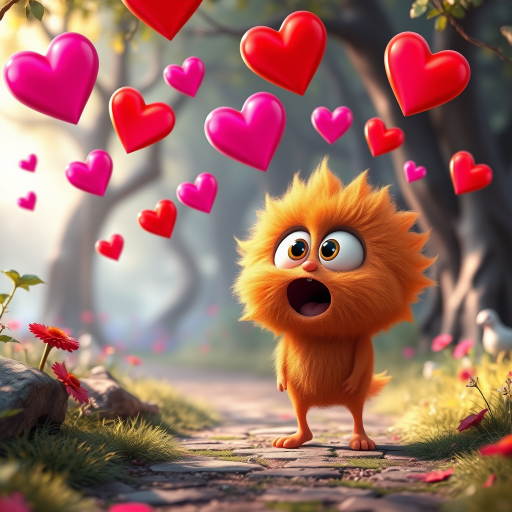 A fluffy orange creature with large eyes and a wide open mouth stands on a path in a whimsical forest, bright pink and red hearts float through the air, the creature has a surprised expression, the light is warm and soft, photorealistic, digital art, 3D style