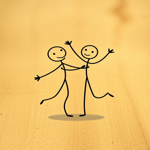 Create a digital illustration of two stick figures dancing joyfully on a textured background, using a DSLR camera with a 50mm lens, f/2.8 aperture, ISO 100, and a soft-focused aesthetic for a warm, inviting atmosphere.