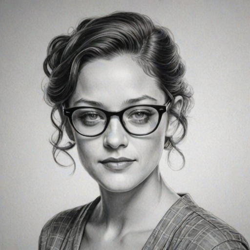 Radiant Marion Cotillard, pencil sketch, portrait of Enchanting woman 1958s in glasses, hair style beatnik, outline, clear lines, fine lines, 8k