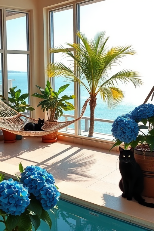 Create an interior scene of a relaxing lounge with a hammock, palm tree, black cat, blue hydrangeas, and a pool, bright sunlight streaming through large windows overlooking a serene ocean view, use a wide-angle lens, f/4 aperture, ISO 100, and 1/200 sec shutter speed for enhanced image quality.