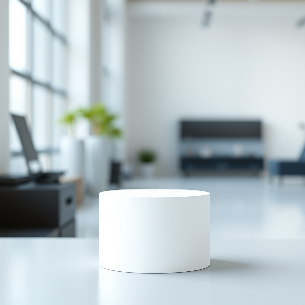 Create a 3D rendering of a blank white cylinder, positioned in a well-lit environment, using a DSLR camera with a 50mm lens, aperture f/1.8, ISO 100, and a shallow depth of field to focus on the cylinder against a blurred background.
