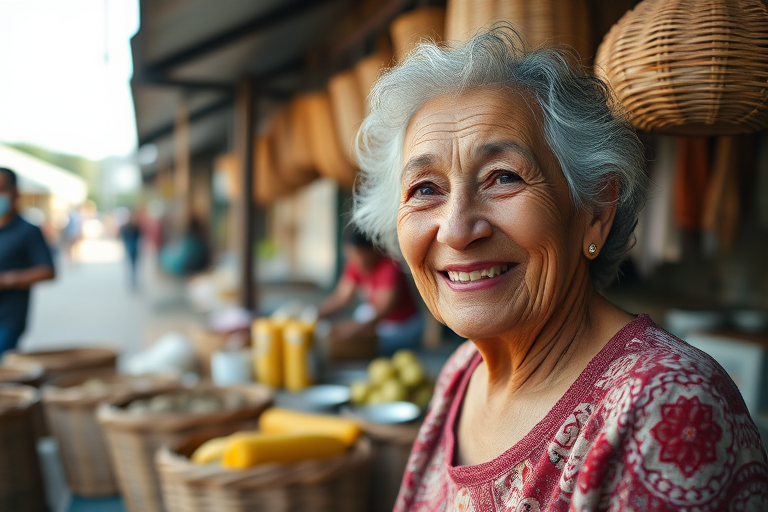 portrait of an elderly woman smiling at a market stall with traditional baskets and food items, soft natural lighting, shallow depth of field, 50mm lens, f/1.8, ISO 200, shot from eye level, DSLR camera