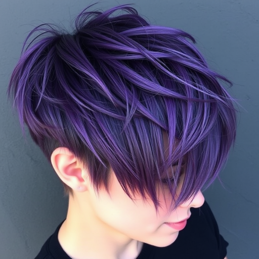 Deep violet hair with silver highlights in a textured pixie cut, Amethyst Starlight style, combining edgy short layers with a regal purple hue