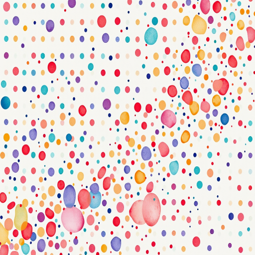 Create an abstract watercolor pattern featuring a multitude of colorful dots in various sizes and shades against a light background, captured with a Canon EOS 5D Mark IV, 50mm lens, f/2.8 aperture, ISO 100, in a top-down perspective to enhance depth and texture.
