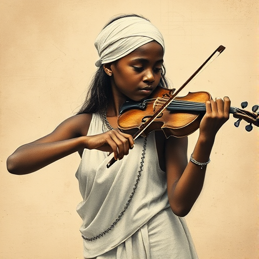 a young Nubian woman with a white headband playing a violin, in the style of a charcoal drawing, sepia grunge background