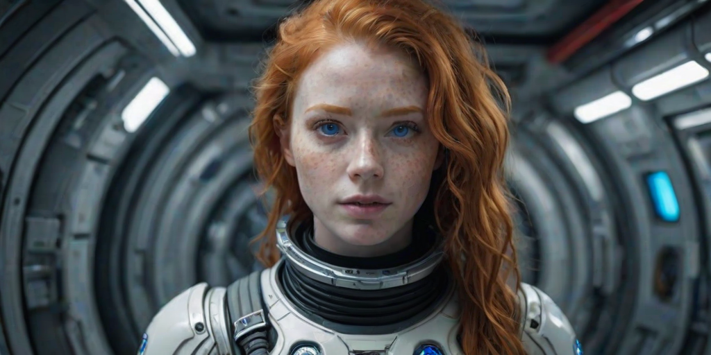 photo of a ginger woman, in space, futuristic space suit, (freckles:0.8) cute face, sci-fi, dystopian, detailed eyes, blue eyes