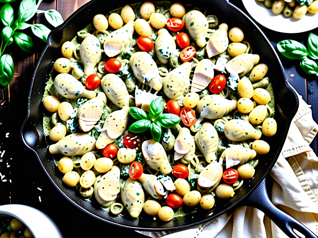 creamy pesto baked gnocchi & chicken skillet