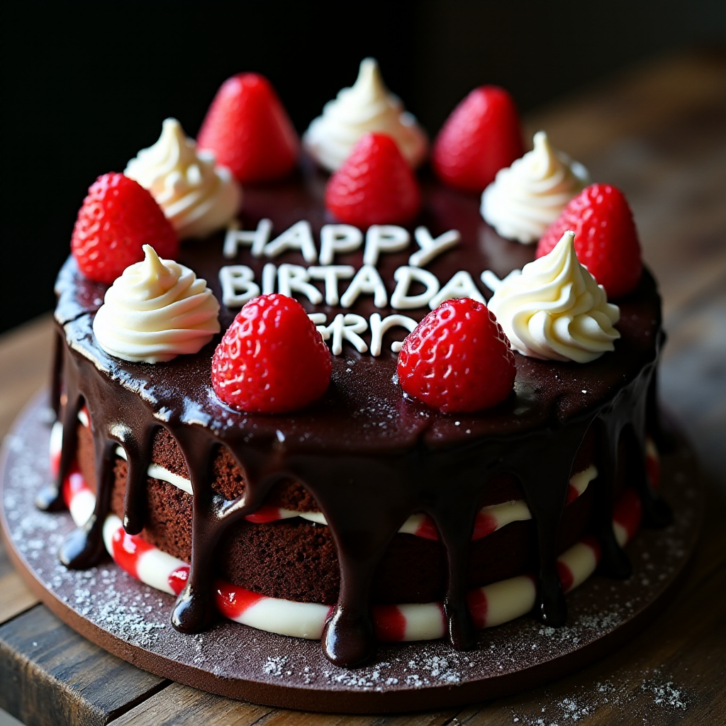black forest gateau cake, spelling out the words "HAPPY BDAY AMR", tasty, food photography, dynamic shot