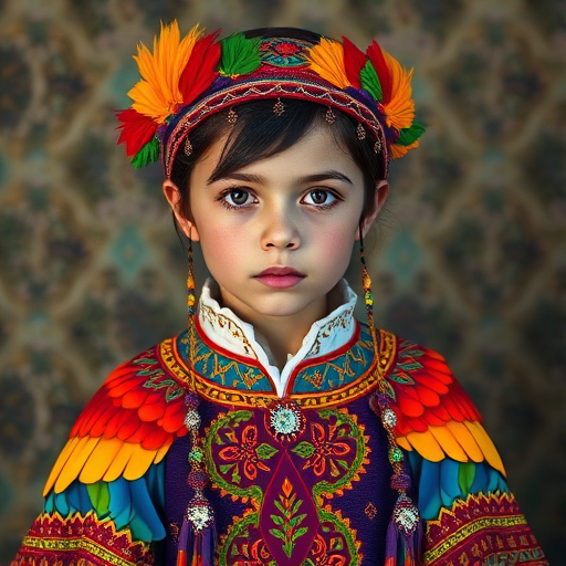 A beautiful Uzbek girl, wearing colorful bird clothing with vibrant colors