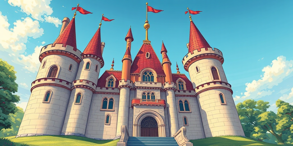 Create a detailed illustration of a fairy tale castle with three towers and arched windows, using a 50mm lens at f/8 for sharpness, ISO 100 for clarity, taken from a low angle to emphasize grandeur, in a whimsical art style with vibrant colors.