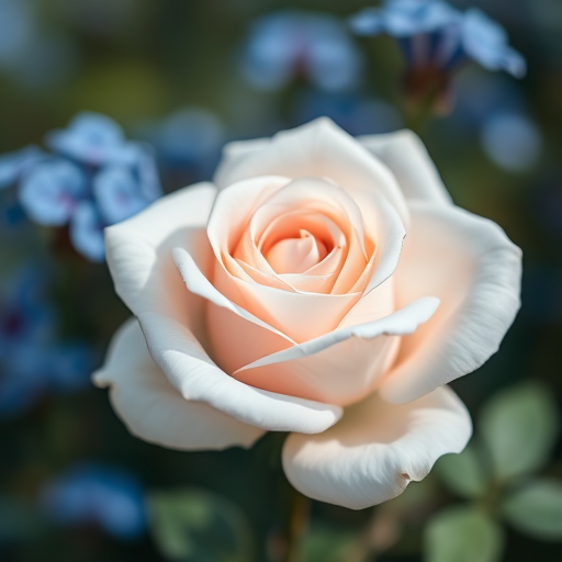 macro shot of a white rose with blue flowers in soft focus background, aperture f/2.8, ISO 100, 50mm lens, natural light, DSLR camera