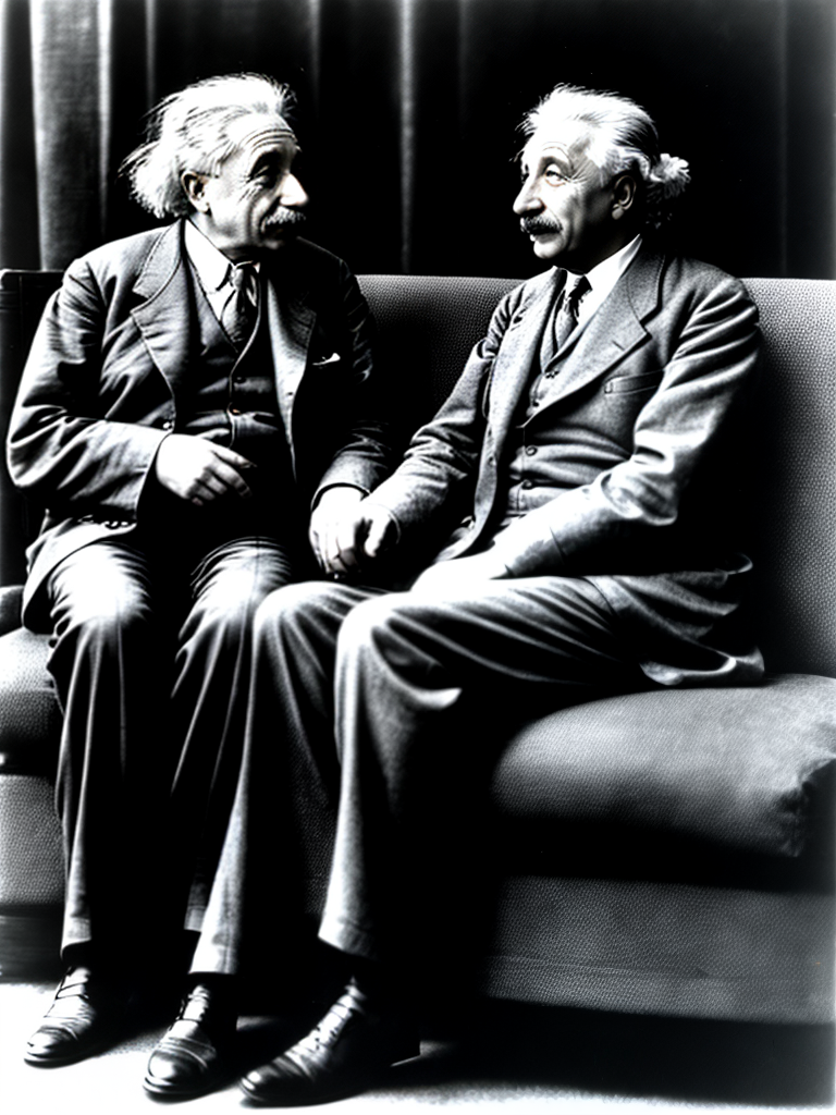 Einstein sitting on a sofa talking to Tesla