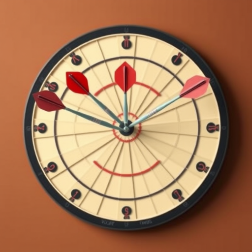 Create a flat vector graphic of a dartboard with three arrows hitting the center, using a warm brown background, employ a 35mm lens at f/8, shot from a top-down view with a DSLR camera for high detail and clarity.