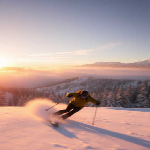 Blurry action shot of a skier speeding down a snowy slope at sunrise, snow spraying up behind them, with soft golden light casting long shadows on the mountains and distant pine trees barely visible through the mist.