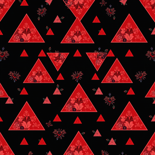Create a seamless pattern of red triangles with floral designs on a black background, using a Canon EOS R5 camera with a 50mm lens, aperture set to f/8, ISO 100, shot from a high angle for a detailed perspective.