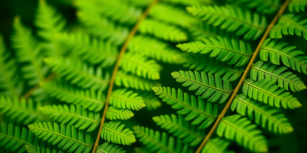 Close-up shot of vibrant green fern leaves with intricate details and textures, DSLR camera, f/2.8 aperture, ISO 100, 50mm lens, soft natural lighting, shallow depth of field, macro photography style.