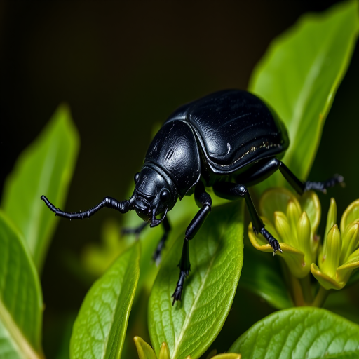 macro shot of a rhinoceros beetle on green foliage with a blurred dark background, aperture f/8, ISO 100, shutter speed 1/200s, 100mm lens, natural light, DSLR camera