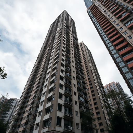a low-angle view of tall residential buildings against a cloudy sky, using a Canon EOS R5 with an aperture of f/8, shutter speed 1/250 sec, ISO 100, and a wide-angle lens for enhanced image quality