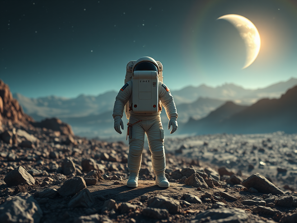 generate a high-resolution image of an astronaut standing on a rocky alien landscape with a glowing background, featuring a distant planet and stars visible in the night sky with a soft, dramatic lighting style, captured using a DSLR camera at f/11, ISO 100, 1/125 sec, in a wide-angle view for an expansive feel with vibrant colors and sharp details