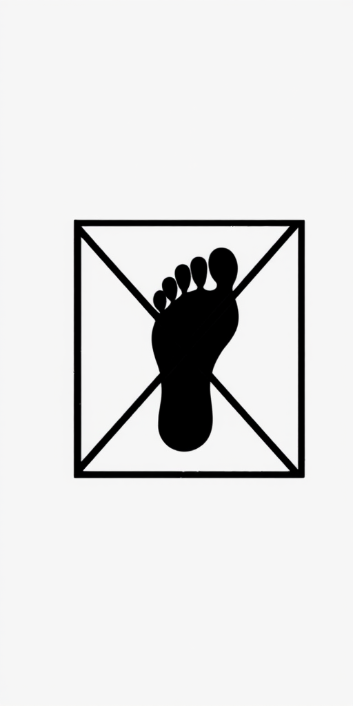 Create an image of a simple black and white design featuring a foot silhouette within a square frame with a diagonal cross over it, captured with a DSLR camera at f/8 aperture, ISO 100, 50mm lens, natural lighting, and a top-down view to enhance clarity and contrast.
