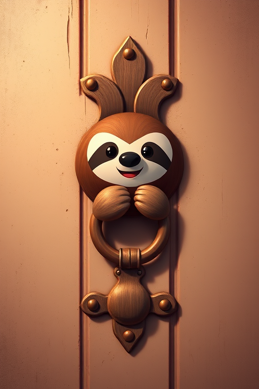 Create a high-resolution illustration of a cute sloth-shaped door knocker on a textured wall, using a 50mm lens, f/2.8 aperture, and soft lighting to enhance details and create a warm atmosphere.