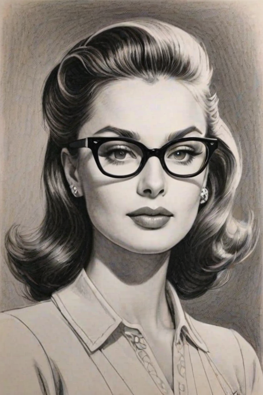 Graceful Audrey Plaza, pencil sketch, portrait of Exquisite woman 1946s in glasses, hair style beatnik, outline, clear lines, fine lines, 8k