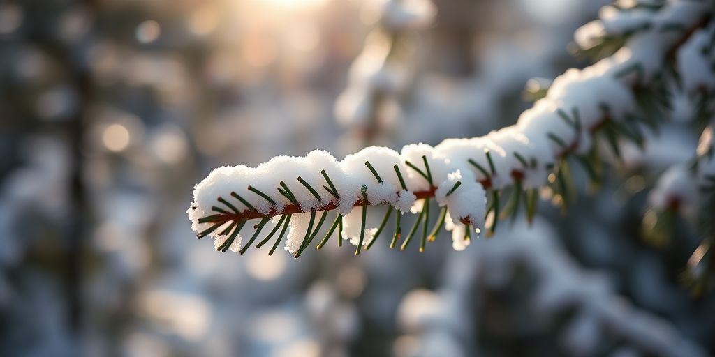 snow-covered pine branch in sunlight with a blurred winter background, ISO 100, aperture f/4, shutter speed 1/125s, 50mm lens, macro photography, DSLR camera