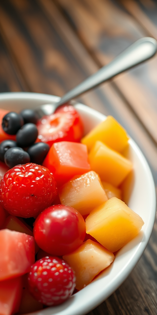 Close-up of a bowl of colorful fruit salad, soft light highlighting the glistening berries and melon, with a fork resting on the edge of the bowl on a rustic table.