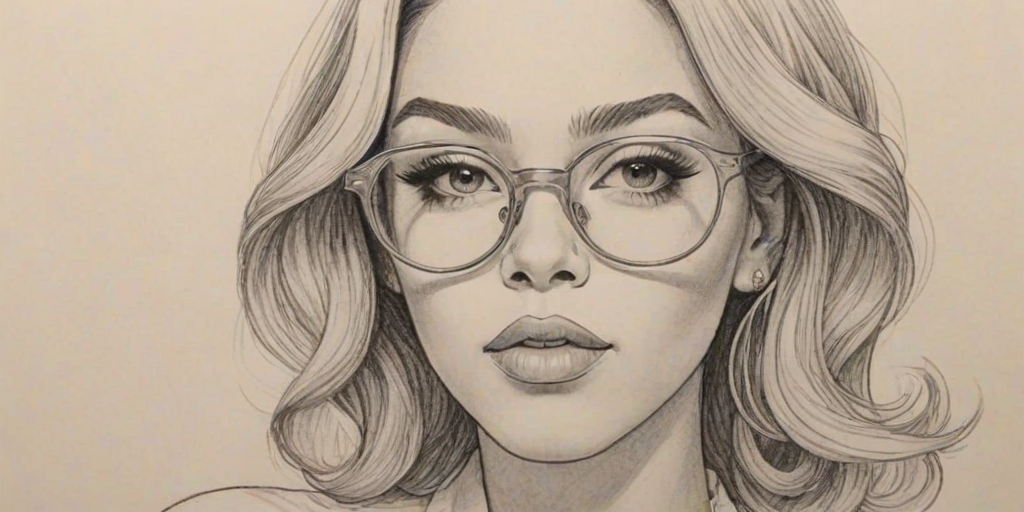 Magnificent Doja Cat, pencil sketch, portrait of Elegant woman 1967s in glasses, hair style beatnik, outline, clear lines, fine lines, 8k