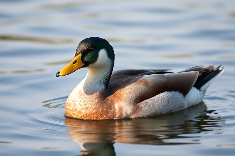 A close-up shot of a domesticated duck swimming gracefully on a calm water surface, with soft lighting, f/5.6 aperture, ISO 200, 1/100 second shutter speed, taken with a DSLR camera using a 100mm macro lens in natural daylight.