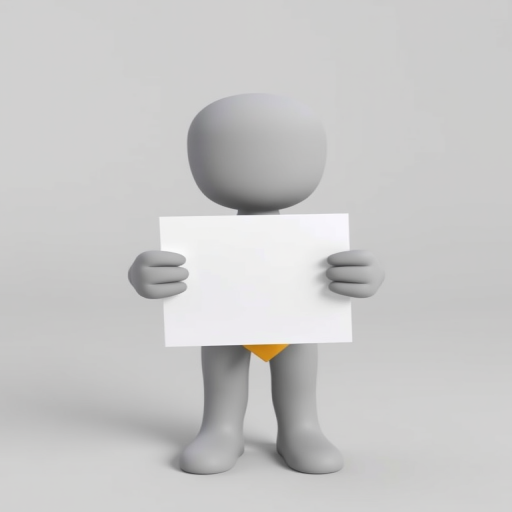 Create a minimalist 3D illustration of a character with a spherical perspective, featuring a gray humanoid figure holding a blank card, wearing a golden tie, shot with a Canon EOS R5 at f/2.8, ISO 100, 50mm lens, in soft lighting for enhanced depth and detail.