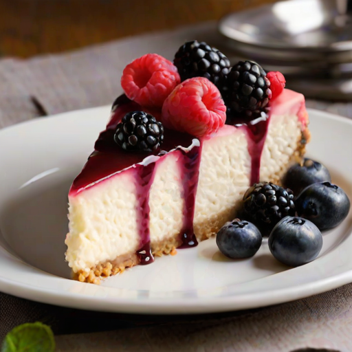 Create an image of a slice of cheesecake topped with a variety of fresh berries, including raspberries, blueberries, and blackberries, garnished with a sprig of mint. The cheesecake should have a creamy texture and a golden crust, with some berry sauce drizzled on top and around the plate. The background should be a light, neutral color to enhance the dessert's vibrant colors.