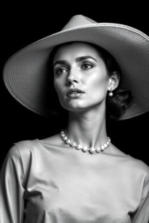 Create a black and white portrait of a woman wearing a large hat with a wide brim, set against a dark background, capturing a thoughtful expression and elegant features.