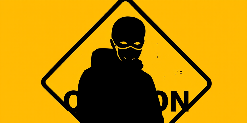 Create an image of a yellow caution sign featuring a silhouetted figure wearing a mask, shot with a DSLR camera at f/8 aperture, 1/250 shutter speed, ISO 100, in a straight-on view, using a high-resolution graphic style for clarity.