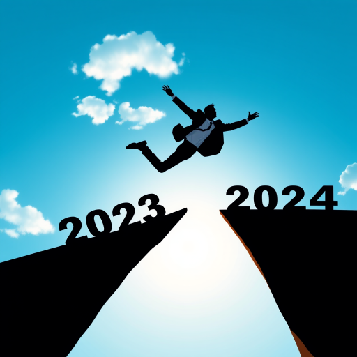 Create a minimalist digital illustration of a person in a suit jumping from the year 2023 to 2024, silhouetted against a blue sky with a few clouds and the sun, using a wide-angle lens, f/8 aperture, ISO 100, and a high-resolution digital format for clarity.