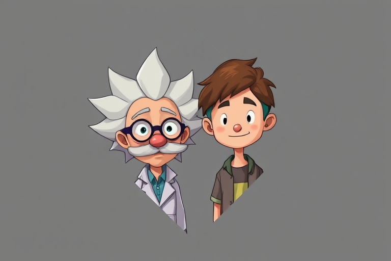 Create an illustration of two animated characters resembling a mad scientist and a teenage boy, framed within a diamond shape against a gray background, using a Canon EOS R5 camera with a 50mm lens, aperture set to f/1.8, ISO 100, and a soft focus style for enhanced image quality.