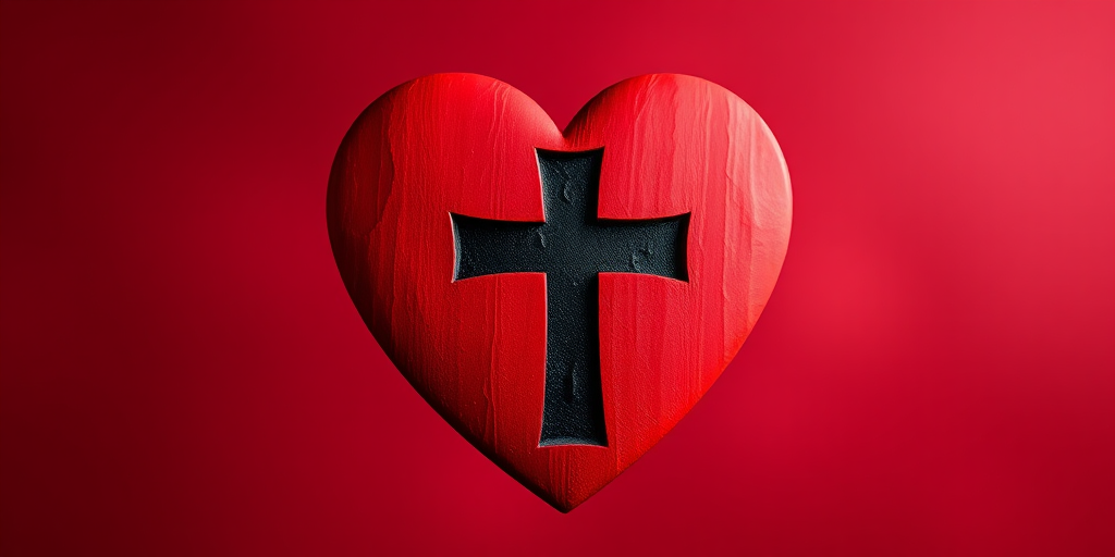 Create a high-resolution illustration of a red heart with a black cross in the center, shot with a Canon EOS R5 at f/2.8, ISO 100, and 1/200 sec, using a shallow depth of field for a soft background.