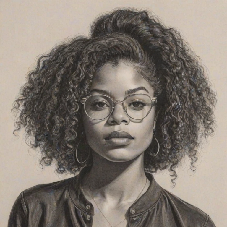 Sublime Ari Lennox, pencil sketch, portrait of Wonderful woman 1972s in glasses, hair style beatnik, outline, clear lines, fine lines, 8k