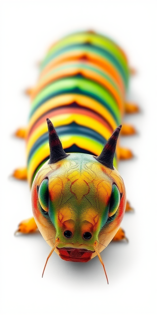 Create a detailed illustration of a colorful caterpillar on a white background with high contrast, using a macro lens setting, f/2.8 aperture for a shallow depth of field, natural lighting, and a close-up view to enhance textures, resembling a digital art style.