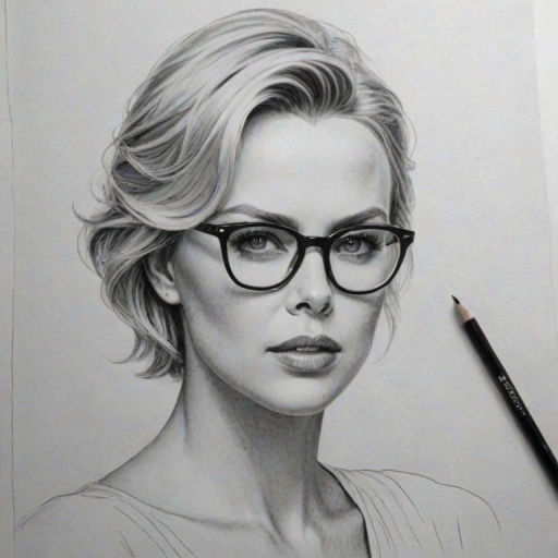 Exquisite Charlize Theron, pencil sketch, portrait of Sublime woman 1956s in glasses, hair style beatnik, outline, clear lines, fine lines, 8k