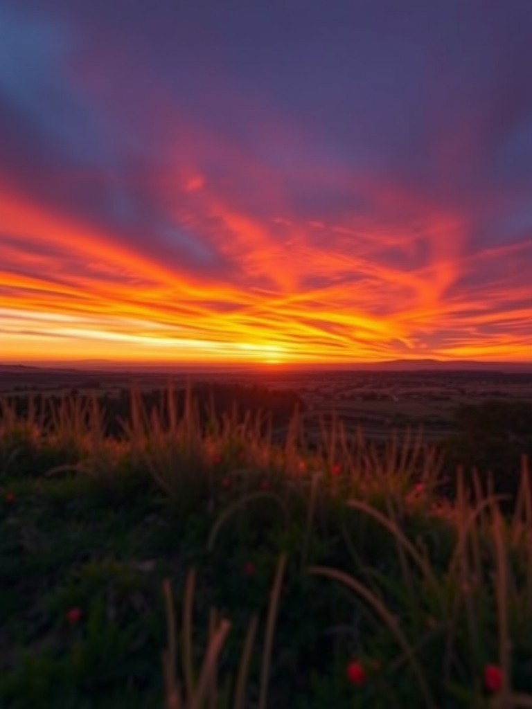 Create a high-resolution image of a serene landscape at sunset with vibrant colors, using a Canon EOS 5D Mark IV, f/8 aperture, 1/60 shutter speed, ISO 100, capturing a wide-angle view with a soft focus background for enhanced depth.