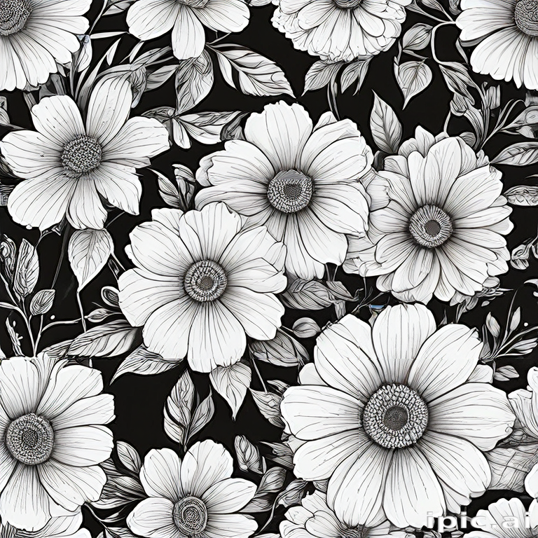 Elegant Black and White Floral Pattern Featuring Various Blooming ...
